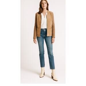 Y2K Vintage Suede Jacket Camel Womens Size Large Knit Sleeves 90s Style Trending